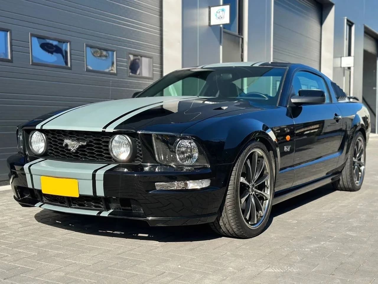 Mustang voorzien van contrasterende racestrepen.