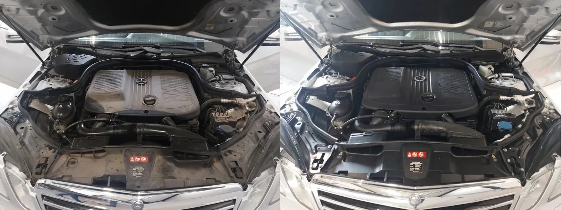 Vergelijking van een motorruimte voor en na detailing.